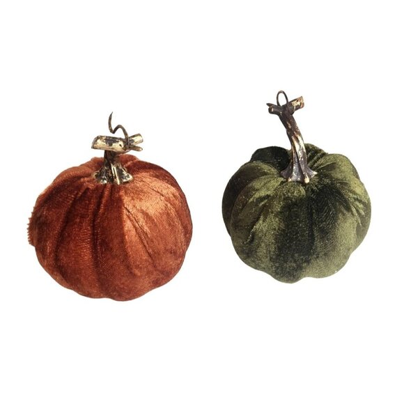 Velvet Pumpkins Decorative Fall Decor Green Orange with Gold Stems Cozy Home Acc - Picture 4 of 6